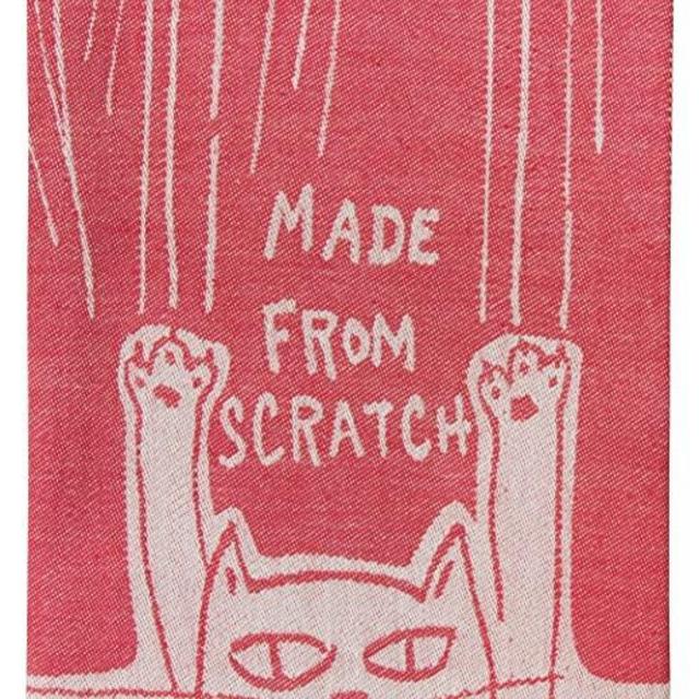 Blue Q Woven Dish Towel, Made from Scratch (Clawing cat) Funny, Functional and Fabulous, 100% Cotton, Soft, Super-Absorbent, Red and White, 28 x 21"