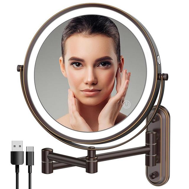 Rocollos Rechargeable Lighted Wall Mounted Makeup Mirror with 3 Color Lights,Dimmable Touch Screen,8 Inch LED Double Sided 1X/10X Magnifying 360°Flexible 13 Inch Retractable