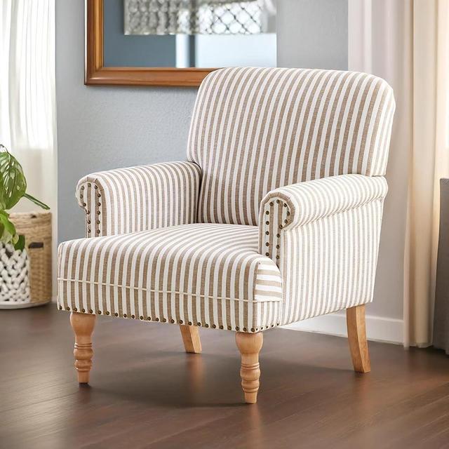 HUIMO Linen Fabric Accent Chair, Mid-Century Modern Armchair with Solid Wood Legs, Single Sofa Chair,Upholstered Reading Club Chair for Bedroom/Reception/Lounge/Living Room (1, Brown Stripe)