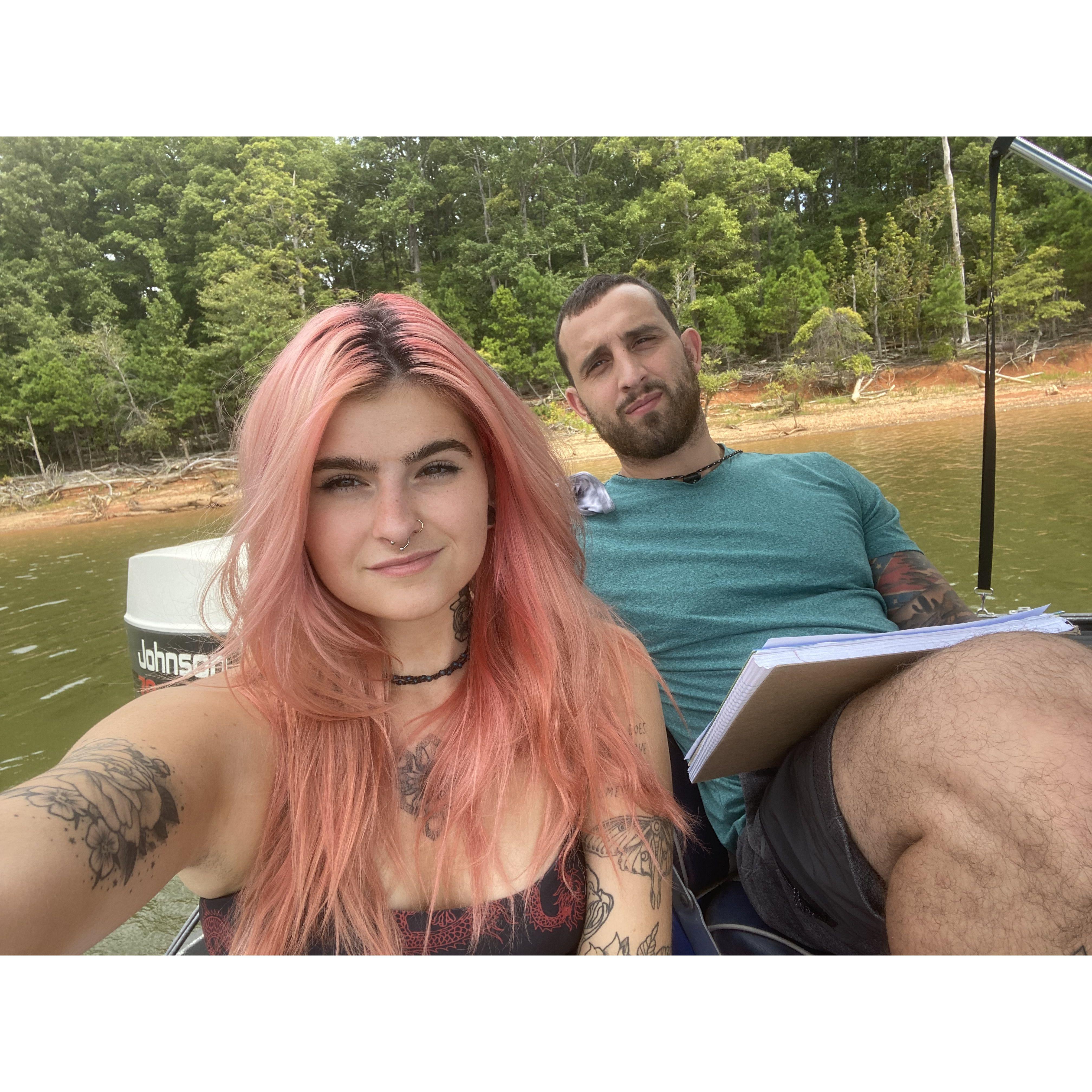Ben doing homework on the lake