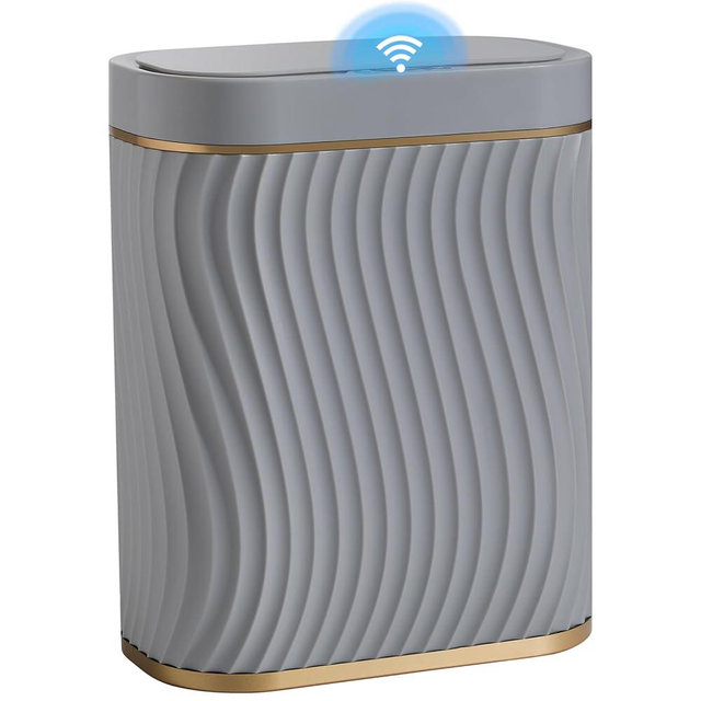 steo spce Bathroom Small Trash Can with Automatic Touchless Lid, 2.6 Gallon Smart Garbage Can Narrow Waterproof Trash Bin for Bedroom, Office, Living Room (Gold Grey)