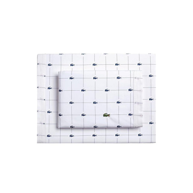 Lacoste Slice 100% Cotton Percale 4-Piece Sheet Set – Cool, Crisp, Matte, and Durable, Oeko-Tex Certified – Print, Navy, Queen