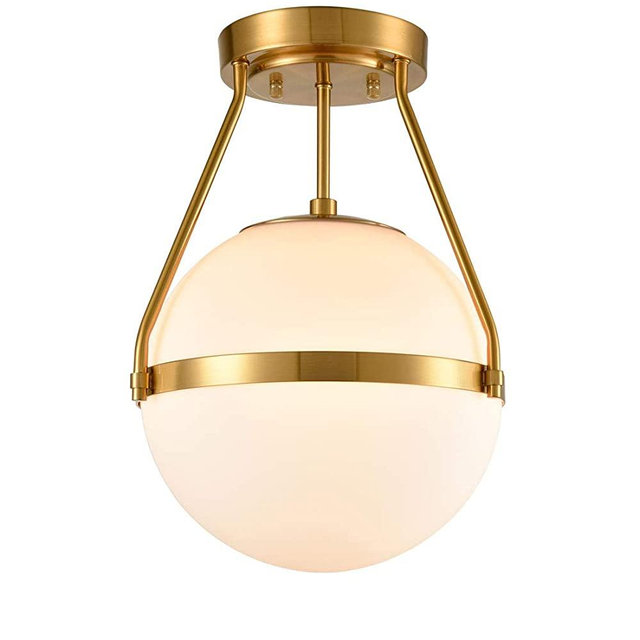 Mid Century Modern Globe Semi Flush Mount Ceiling Light Fixture,White Opal with Brass Finish,Living/Dinning Room