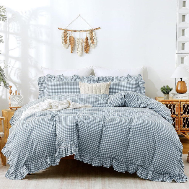 ATsense Blue Gingham Duvet Cover Bedding Set 100% Washed Cotton Like Linen Feel Soft Breathable 3 Pcs Plaid Checkered Cute Ruffle Comforter Cover Set (Queen 90"x90", No Comforter)