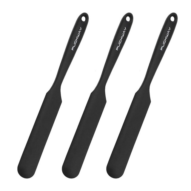PUCKWAY 3pcs Silicone Jar Spatulas 10in Long Skinny Heat-Resistant, Narrow Spatula Set for Scraping Peanut Butter, Sourdough, Jam in Small Containers, Blenders & Baking (Black)