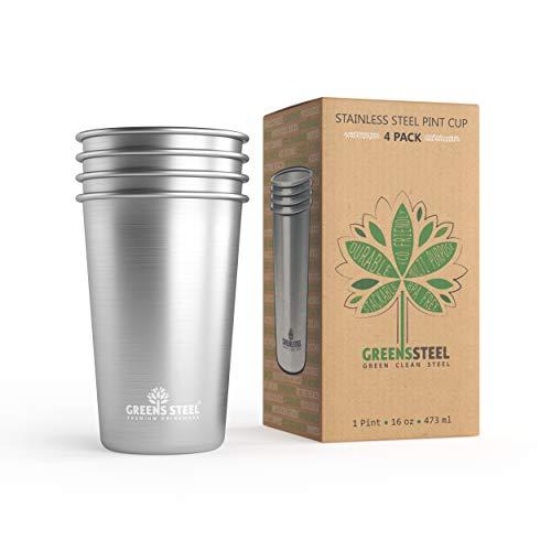 #1 Premium Stainless Steel Cups 16oz Pint Cup Tumbler (4 Pack) By Greens Steel - Premium Metal Cups - Stackable Durable Cup