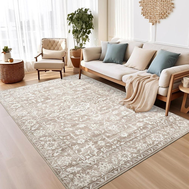 Soalmost Area Rugs 5x7 for Living Room, Floral Washable Rugs for Dining Room, Bedroom, Vintage Non-Slip Thin Area Rug(Light Brown, 5'x7')