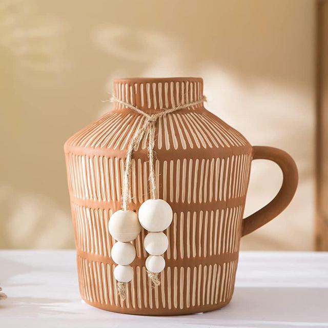 Mowtanco Rustic Farmhouse Vase with Handle and Boho Wooden Beads, Vertical Stripes Terracotta Vase Clay Vase - Ceramic Flower Vase for Vintage Home Décor, Shelf, Table, Bookshelf, Mantle, Entryway