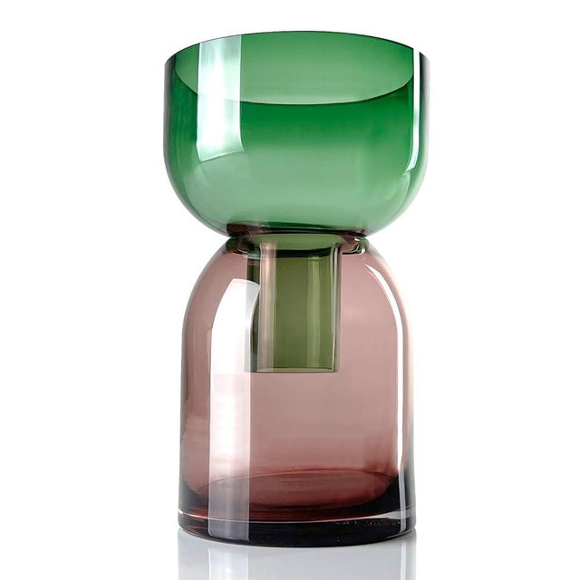 Cloudnola Reversible Large Glass Flower Vase and Bud Vase, Green and Pink, 9.5" Height x 5.6" Dia, Home, Wedding, and Event Decor
