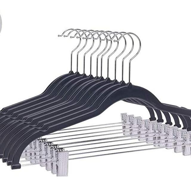 Quality Plastic Non Velvet Non-Flocked Thin Compact Coat Hangers with Metal Clips for Skirts Pants Blouses 360° Swivel Hook (Black, 20)