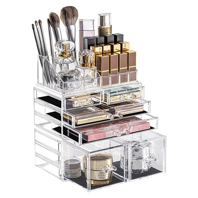 DreamGenius Makeup Organizer 3 Pieces Acrylic Cosmetic Storage Drawers Organizer for Vanity and Bathroom, Stackable Cosmetic Organizer Countertop with 6 Drawers