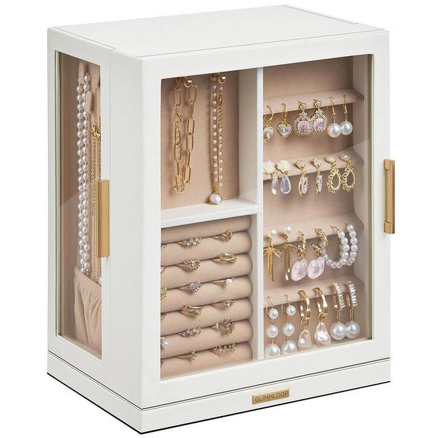 Glimmloop 360° Rotating Jewelry Box with 5 Drawers, Spacious Vertical Jewelry Organizer with Glass Window, Jewelry Storage Case, Dustproof & Moisture-resistant Design, White