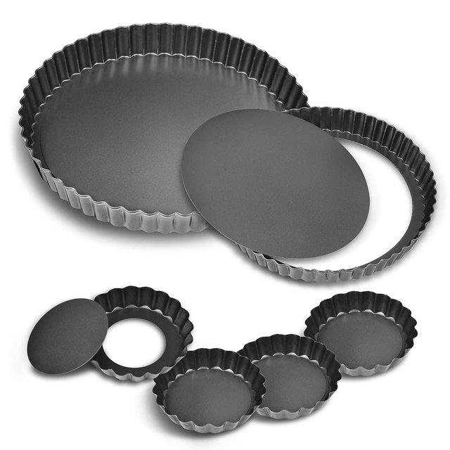 11Inch, 9 Inch and 4 Inch Tart Pan with Removable Bottom, 2 Pcs Large Size Quiche Pan and 4 Pcs Small Size Pie Pan, Non-Stick Baking Pan (Set of 6)