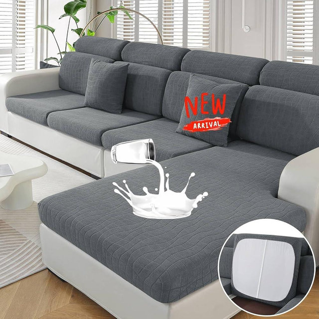 MAXIJIN Waterproof 4 Pieces Couch Cushion Covers for Sectional Sofa Seat Slipcover Stretch Sectional Couch Cover for L Shape Left/Right Chaise with Elastic Bottom (3 Seater + 1 Chaise, Light Gray)