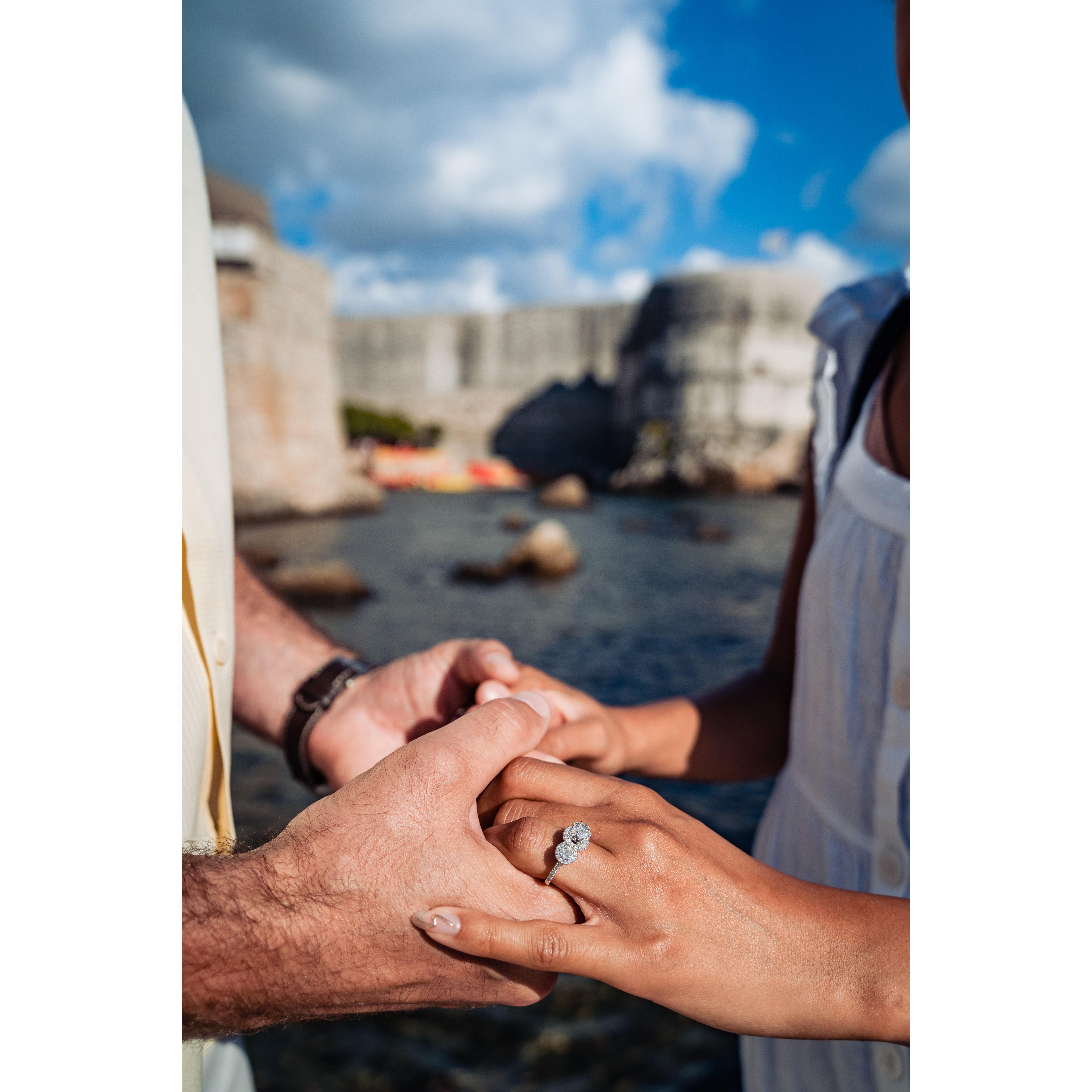 He proposed with her great-grandmother's ring from the early 1900's.