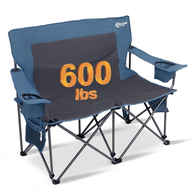 PORTAL Double Camping Chairs for Adults Heavy Duty, Camping Couch 2 Person Outdoor Loveseat Lawn Chairs, Camping Loveseat, Portable Chair with Cup Holder, Camp Chair Supports 600LBS, Blue/Grey