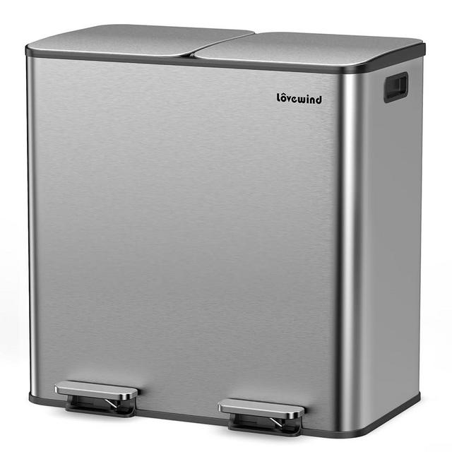 Lovewind Trash Can, 2 x 10.5 Gallon (2 x 40 L) Garbage Can for Kitchen Dual Compartment Recycling Kitchen Step Trash Bin, Stainless Steel Trash and Recycle Bin Combo with Soft-Close Lid, Silver