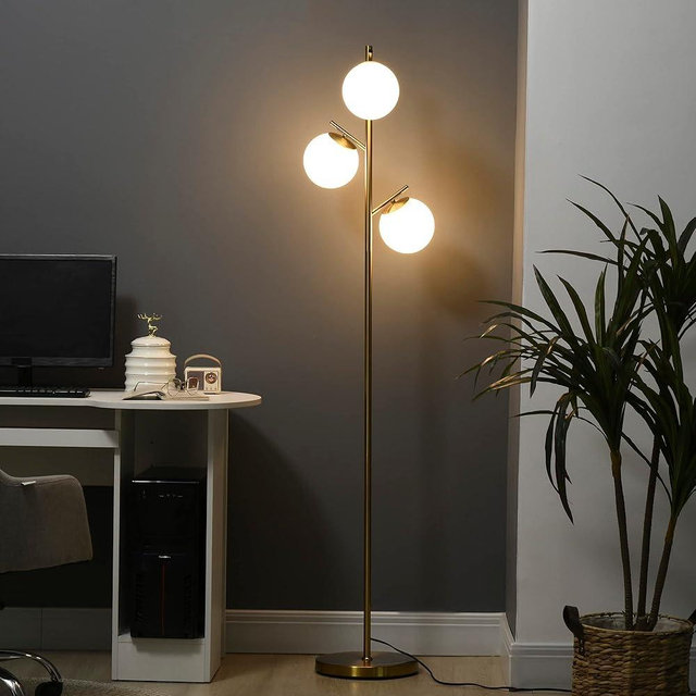 HOMCOM 3-Light Modern Floor Lamp for Living Room Bright Lighting, Tree Standing Lamp for Bedroom with Globe Lampshades, Steel Base, Cute Lamp, Bulb not Included, Gold