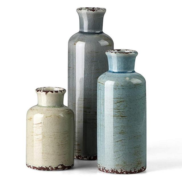 CwlwGO- Ceramic rustic vintage vase, suitable for home decoration, 3 piece set of glazed decorative vase, suitable for table, kitchen, living room,Bedroom。 (Color Mixing)