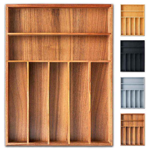 Silverware Organizer, 12.5 Inch Utensil Organizer Kitchen Drawer Organizer Acacia Silverware Holder Cutlery Tray Organizer in Drawer Flatware Organizer Tray(7 slots, Acacia）