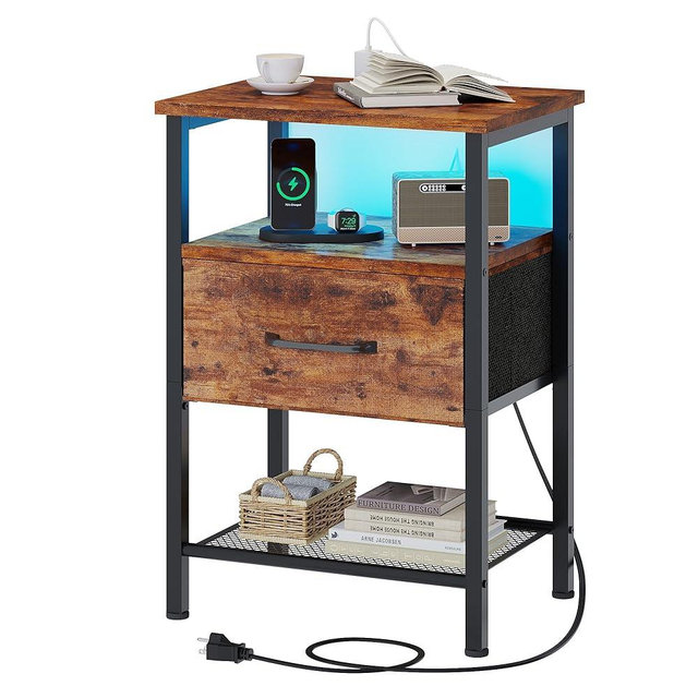 TRIFEBLE Night Stand, End Table with Charging Station, LED Bedside Table with Fabric Drawer for Bedroom, 3-Tier Side Table with Open Shelf, Rustic Brown