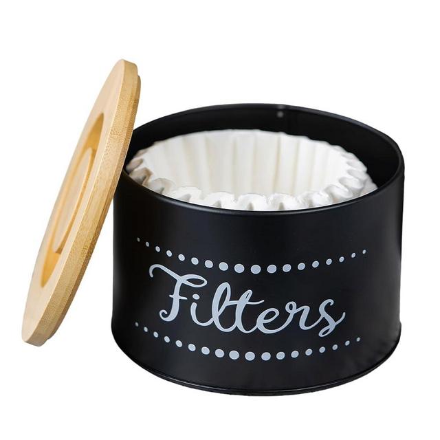 Coffee Filter Holder Storage - Metal & Bamboo Coffee Filter Container w/Lid - Stylish Farmhouse Coffee Bar Decor - Coffee Station Accessories for Storing Filter Papers - Coffee Bar Organizer (black)