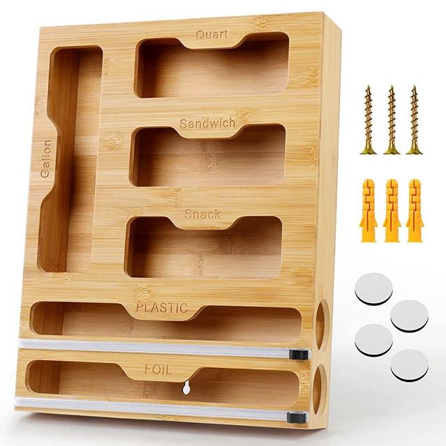 KOCWELL Bag Storage Organizer and Plastic Wrap Dispenser with Cutters 6 in 1, 2 Foil and Plastic Wrap Organizer, 4 Ziplock Bag Holder for Gallon, Quart, Sandwich Snack Variety Size Bags, Bamboo