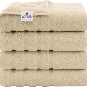 American Soft Linen Luxury 4 Piece Bath Towel Set, 600 GSM 100% Cotton Turkish Bath Towels for Bathroom, 27x54 in Extra Large Bathroom Shower Towels, Beige