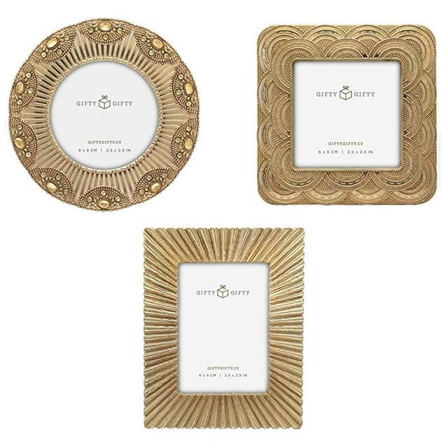 GIFTY GIFTY Classic Gold 1920s Mini Frame Set/Set of 3/2.5x2.5 & 2.5x3.5 in | for Tabletop Display | Perfect for Home Decor, Wedding, Graduation, Or Milestone Photos