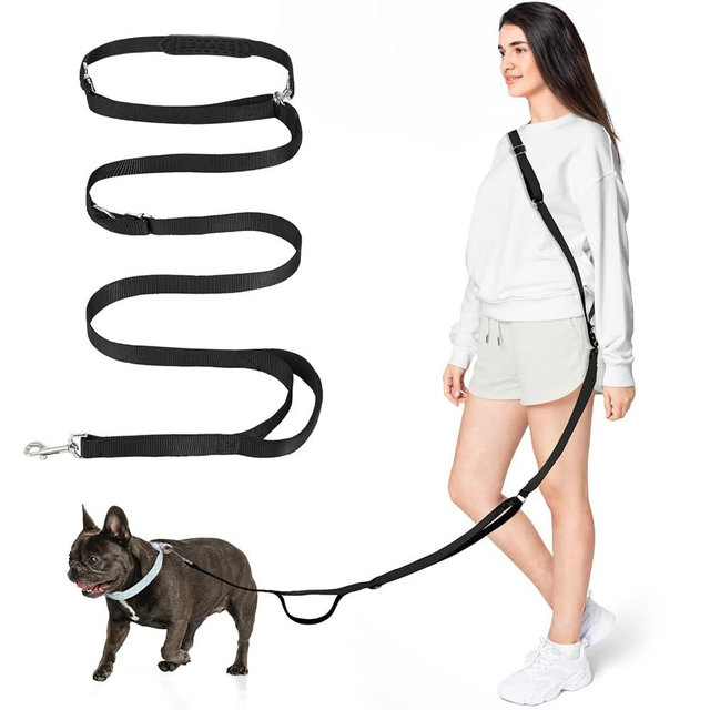 Tivray Hands Free Dog Leash, 8.5ft Adjustable Hands Free Leash for Medium Dogs, Versatile Handheld Crossbody Waist Lead with 3 Rings, Easy Adjust for Running Jogging Walking, Sponge Handle, Black