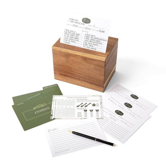 Recipe Box with Cards and Dividers | Wooden Recipe Box w/Removable Wooden Centerpiece | Wood Recipe Box w/Double Sided Water Resistant 4 x 6 Recipe Cards and Box Set | Recipe Box 4x6
