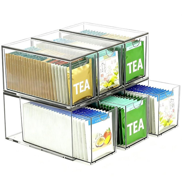 6 Pack Stackable Tea Bag Organizer Drawers – Clear Acrylic Tea Bag Holder for Cabinet, Drawer, Pantry, Countertop – Kitchen Tea Storage Container