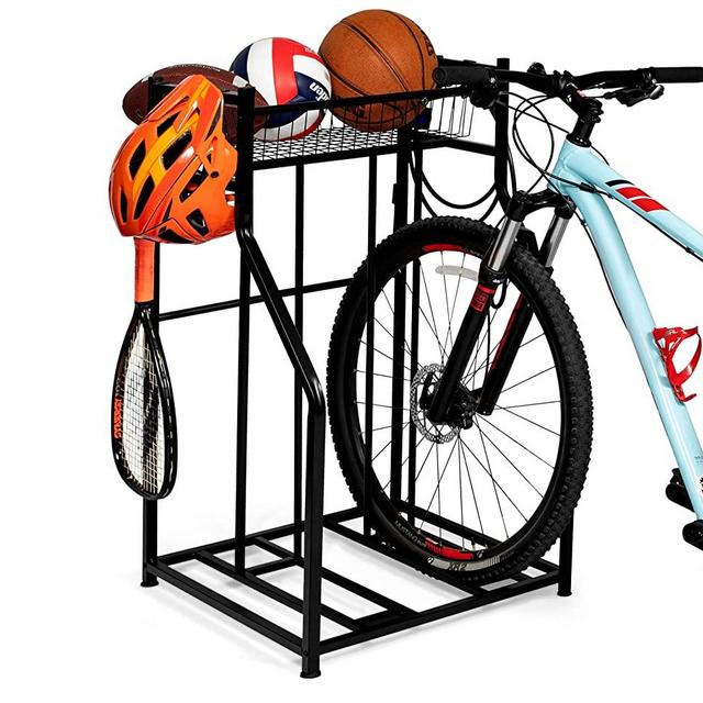 BIRDROCK HOME 2 Bike Stand Rack with Storage - Compact - Metal Floor Bicycle Nook - Great for Parking Road, Mountain, Hybrid or Kids Bikes - Garage Organizer - Helmet - Sports Storage Station
