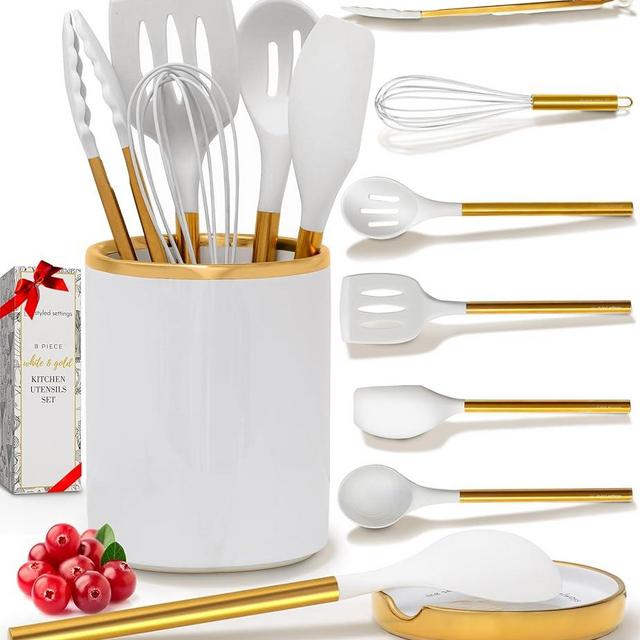 8 Piece White and Gold Kitchen Utensils – White Silicone Cooking Utensils Set, Ceramic Utensil Holder & Stackable Gold Spoon Rest –Nonstick, Non-Toxic, Heat Resistant, Luxury Kitchen Accessories