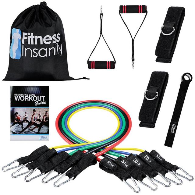 Fitness Insanity Resistance Band Set - Include 5 Stackable Exercise Bands with Waterproof Carrying Case, Door Anchor Attachment, Legs Ankle Straps and Exercise Guide eBook - 100% Life Time Guarantee