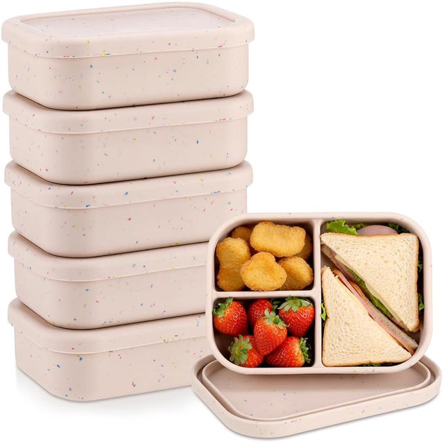 Honeydak 6 Pcs Silicone Bento Box for Adults, 3 Compartment Lunchable Food Container for Women Men, Leak Proof Microwave Dishwasher Freezer Safe (Beige)