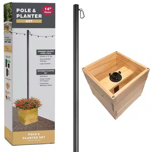 EXCELLO GLOBAL PRODUCTS 10 ft. Premium String Light Pole and Large 14 in. Natural Wooden Planter Box Set EGP-HD-0478-SET