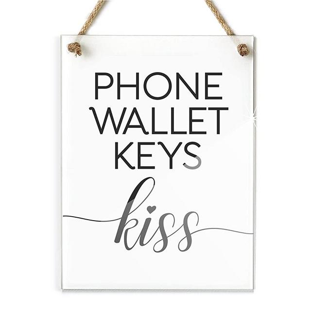 6x8" Cute Home Decor Phone Wallet Keys Kiss Daily Reminder ~ Premium Acrylic Sign with rope Rustic Modern Farmhouse Wall Art Picture Unique Love Family Couple Wedding Engagement Gift Script Word Quote