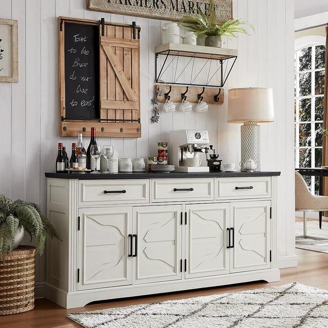 JXQTLINGMU 66" Large Buffet Sideboard Cabinet with 4 Doors and 3 Drawers, Buffet Table Coffee Bar Wine Bar Storage Cabinet for Dining Room, Living Room (Off White)