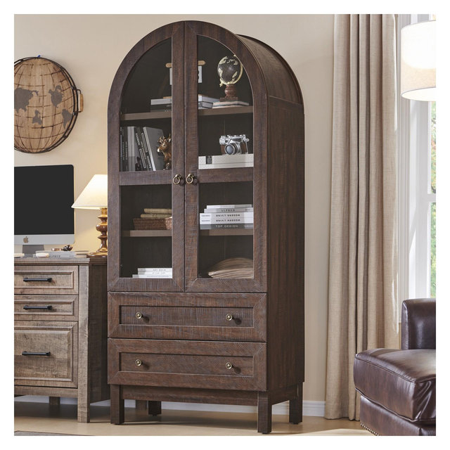 71″ Tall Arched Pantry Cabinet with 2 Drawers & Adjustable Shelves & Glass Doors, Modern Farmhouse Kitchen Storage Cabinet, Brown