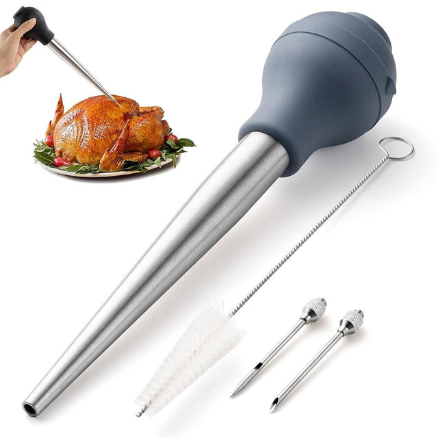 COOK WITH COLOR Turkey Baster with Cleaning Brush - Food Grade Syringe Baster For Cooking, Deluxe Set, Blue