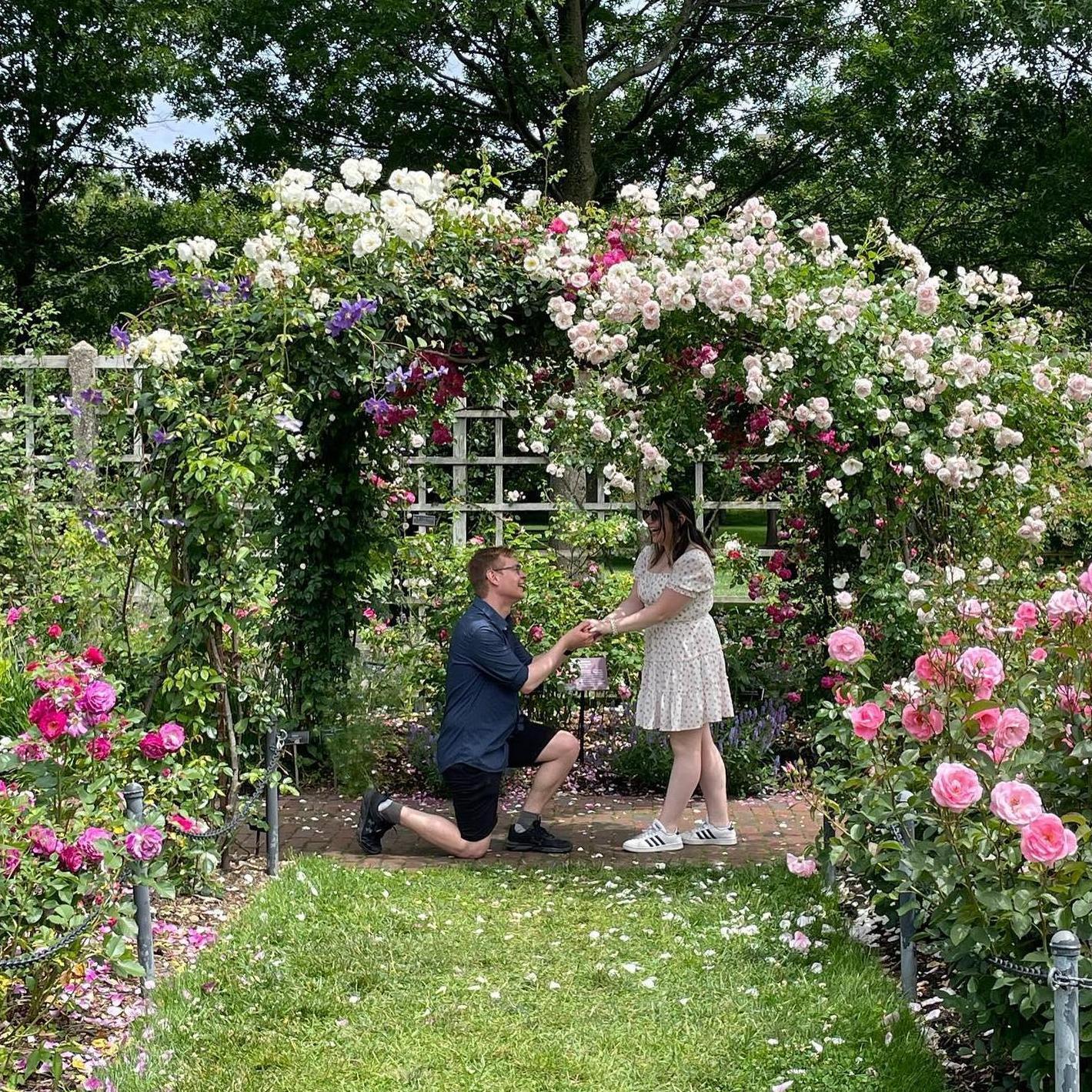 Walking around the Brooklyn Botanical Garden, posing for engagement photos