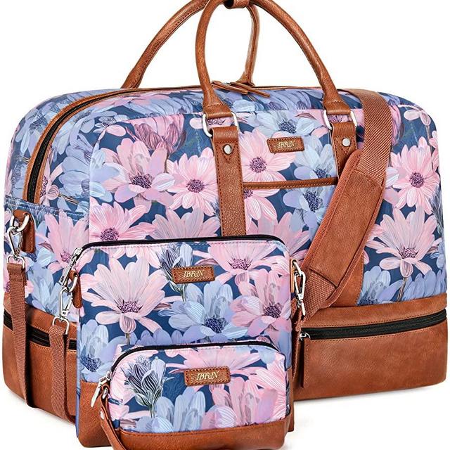 Weekender Bag Large Overnight Bag for Women Canvas Travel Duffel Bag Carry On Tote with Shoe Compartment 21" for Women & Men 3Pcs Set