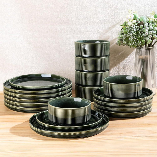 GBHOME 12-Piece Stoneware Dinnerware Set for 4 – Ribbed Ceramic Plates and Bowls, Scratch-Resistant, Microwave & Dishwasher Safe, Reactive Glaze, Mossed Jade