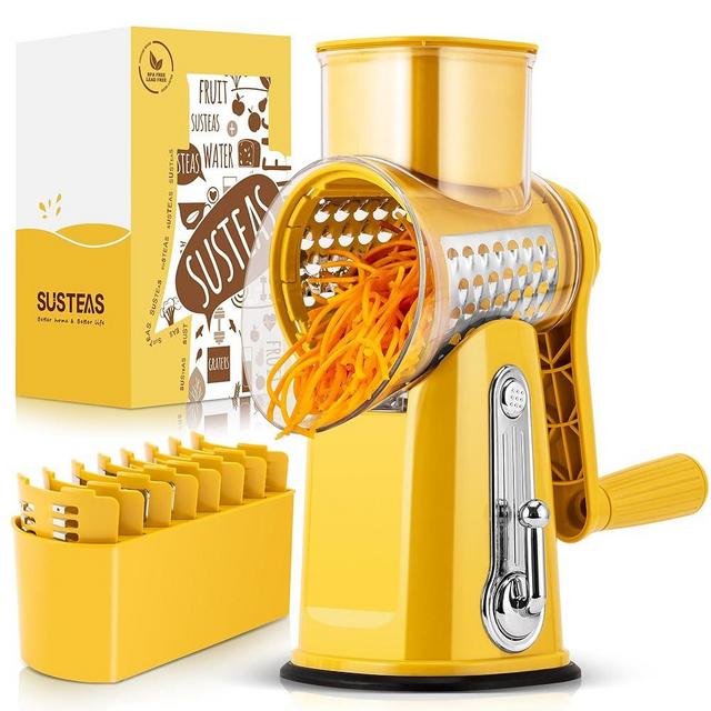 SUSTEAS Rotary Cheese Grater with Handle - Food Shredder with 5 Well-designed Blades & Strong Suction Base,Round Mandoline Slicer & Vegetable Grater for Kitchen,1 Bonus Blade Storage Box(Yellow)