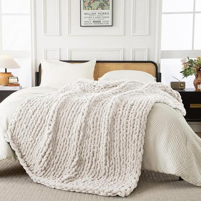 Ultra Soft Chunky Knit Blanket Throw -50 * 70" Hand Knitted Warm Chenille Throw Blanket, Home Decor Soft Thick Yarn Cable Knit Blanket Breathable Fleece Banket Christmas for Couch Bed Sofa Best GIF