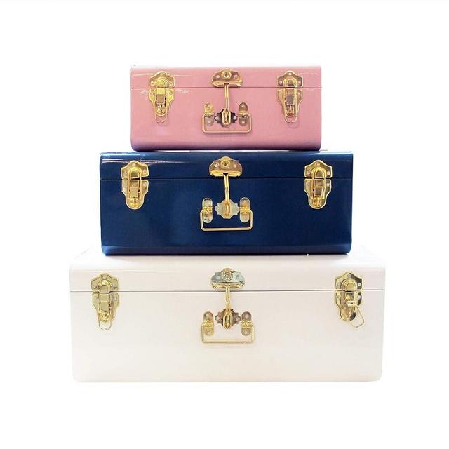 American Atelier Trunks | Set of 3 | Pink, Blue, and White | Vintage Style Storage with Gold Finish Hardware | Space Saving Organizer | Use in Home, Dorm, and Office