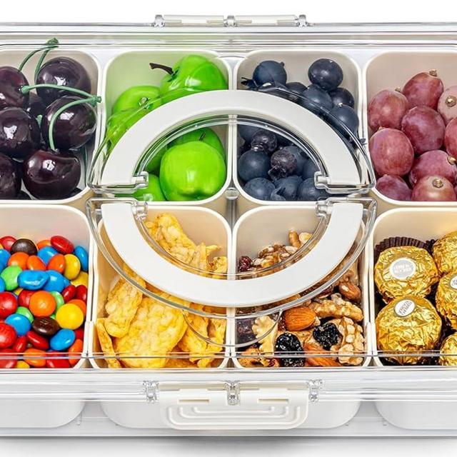 Pure Future Air-Tight Snackle Box Container –Divided Serving Tray with Lid & Handle–Clear Snack box for Fruits, Candy & Nuts–Portable for Travel & Daily Use (8 Inside Containers Dishwasher Safe)