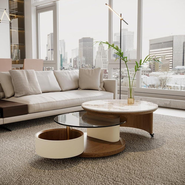Round Coffee Table for Living Room, Modern Marble Top Expandable Coffee Table with Hidden Storage, No Assembly Required Center Table, Rolling Living Room Tables (Walnut & Marble)