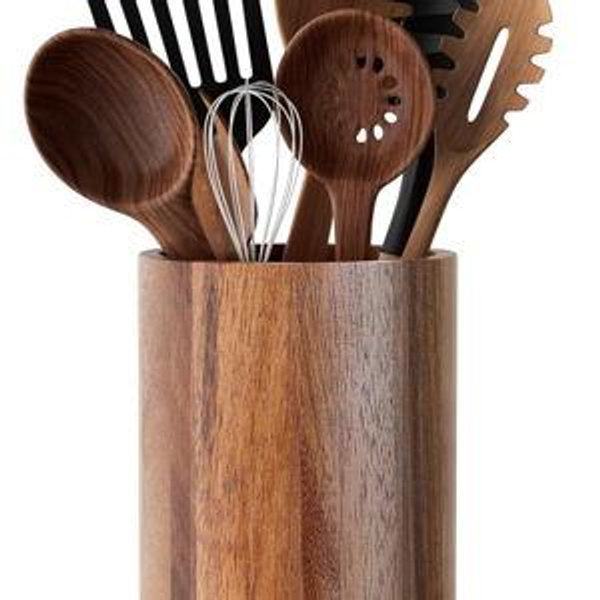 Utensil Holder, Acacia Wood Kitchen Utensil Holder for Countertop, 360°Rotating Cooking Utensil Crock for Kitchen Counter, 7.2" Large Utensil Organizer for Spatula